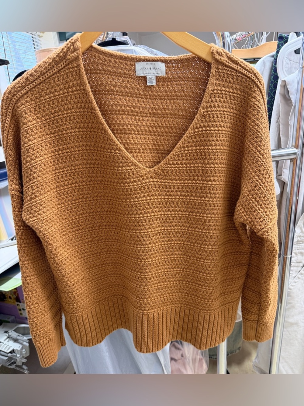 Lucky Brand Women's V-Neck Sweater in Camel Brown